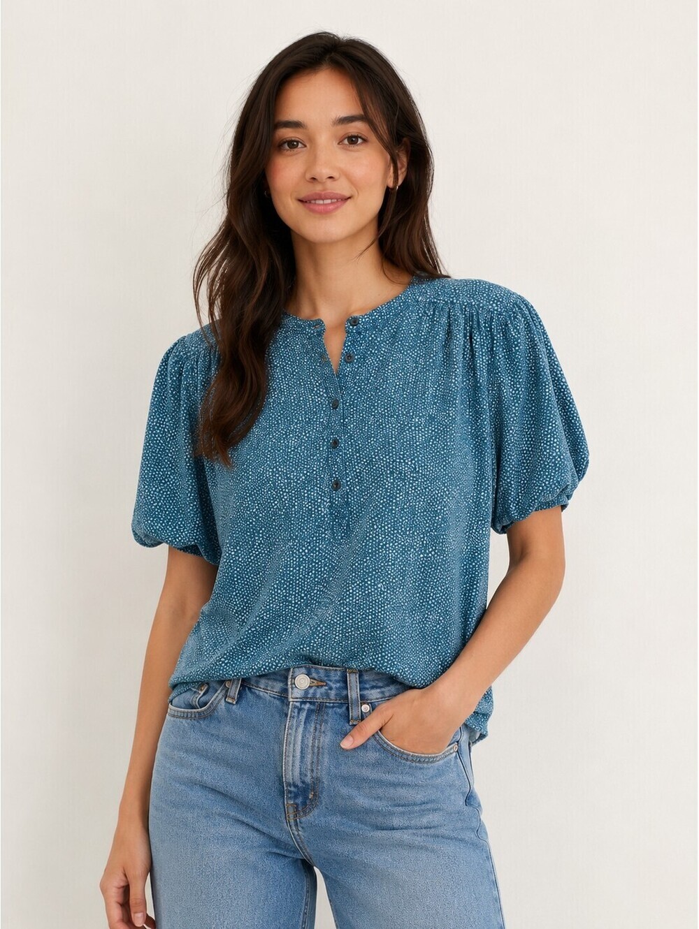 Maeve Anthropologie Blue Printed Henley Blouse Top Puff Sleeve Stretch Size S